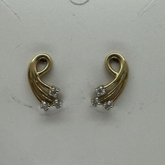 14K Yellow Gold Diamond Earrings 3 Stones‎ Vintage Swirl Design - Picture 5 of 8